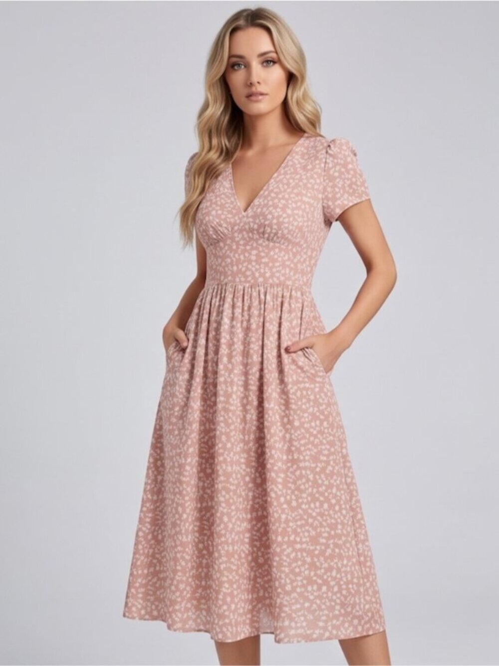 Charming Pink & White Ditsy Floral Tea Dress With Pockets